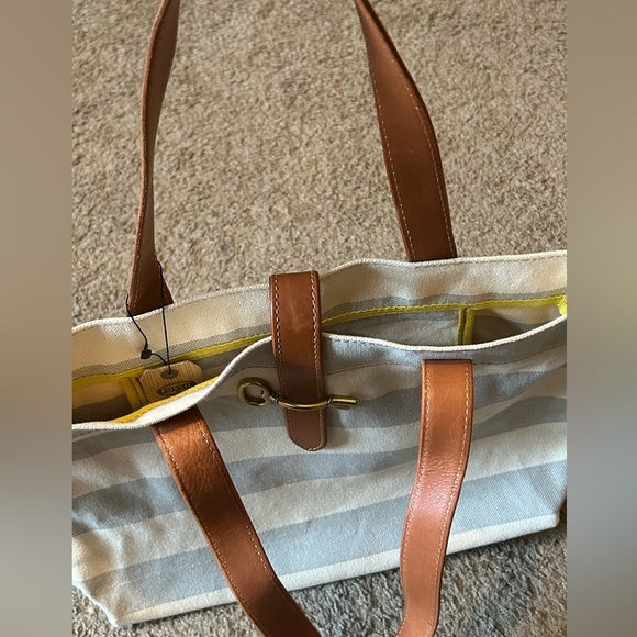 NWT Austin Shopper Gray Stripe Women’s Tote Shoulder Bag Cow Hide Leather Brass - Picture 6 of 12
